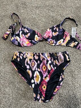 VENUS Black Floral & Geometric Print Bikini Set - Pink, Yellow, Purple